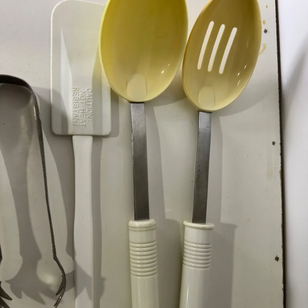 Vintage Kitchen Utensil Set Yellow Serving Spoons Spatula‎ Tongs Stainless Steel